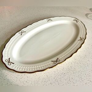 NEW Oval Ivory Platter with Gold Bow Details and Edging - 14” x 8”
